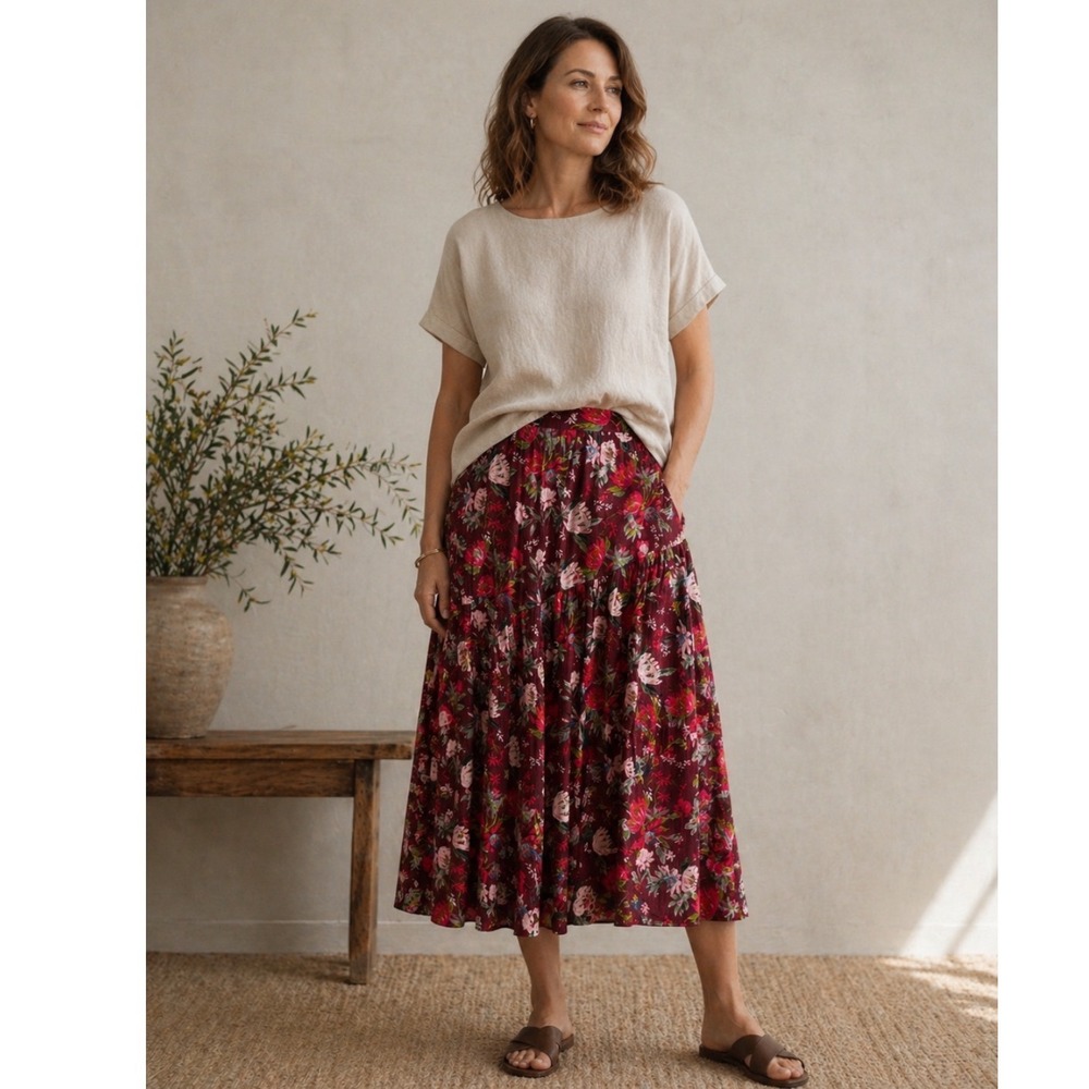 Garnet Hill Floral Tiered Midi‎ Skirt Women M Burgundy Boho Eco Viscose Pockets